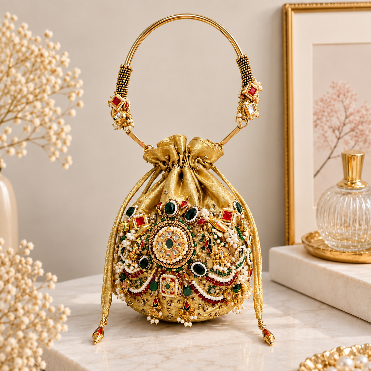 Royal Kundan Pearl Potli Bag | Embellished Bridal & Wedding Handbag