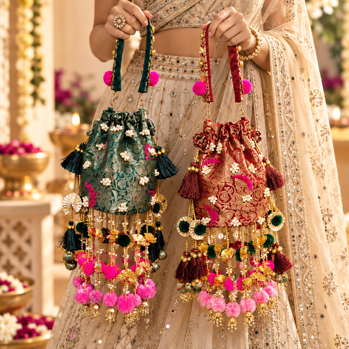 Embellished Silk Potli Bag – Yellow & Green