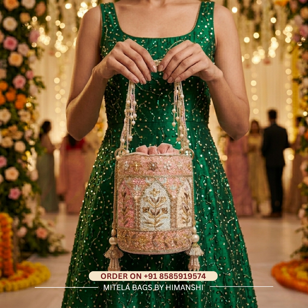 Noor-E-Zari Pink Velvet Handcrafted Potli Bag with Cutdana & Pearl Work