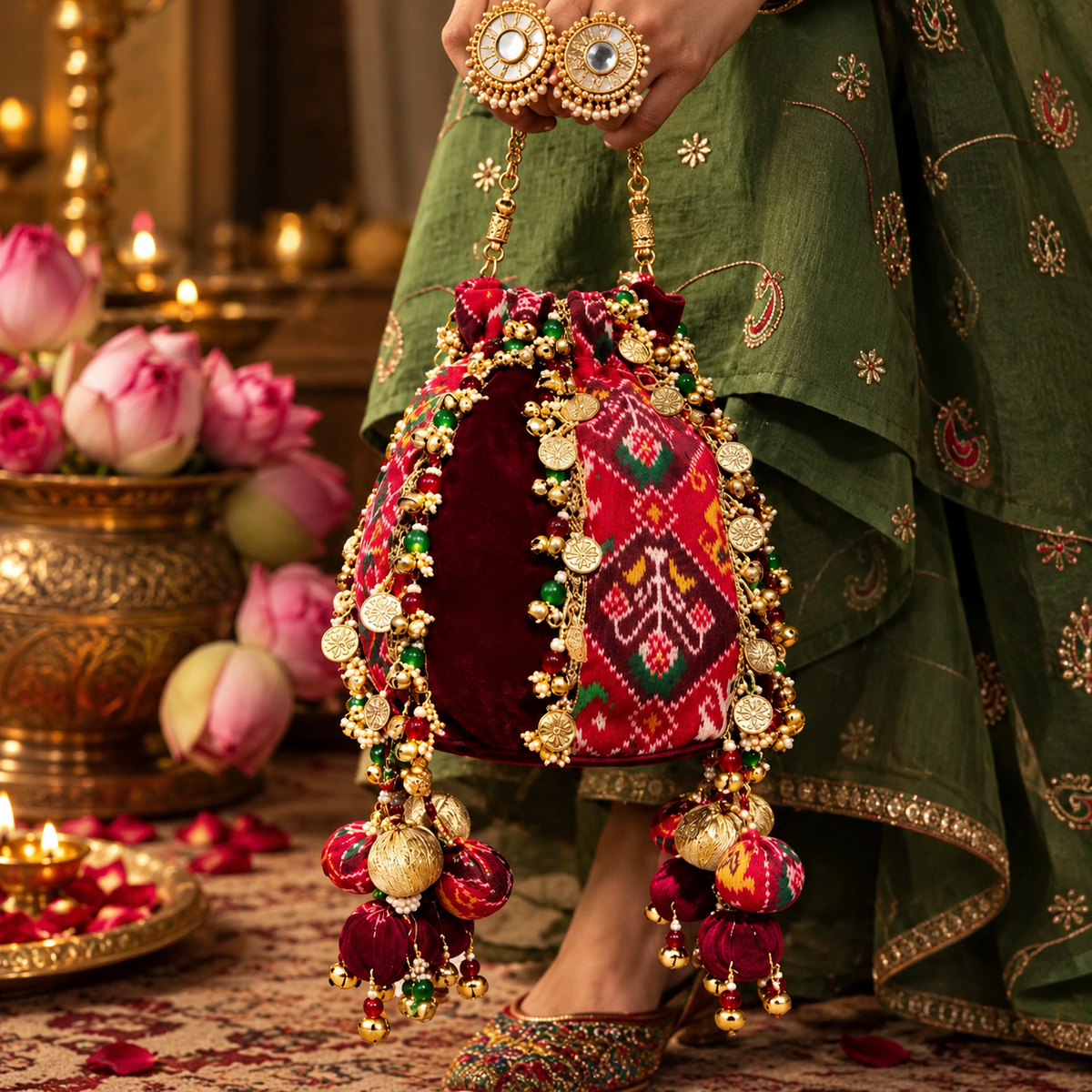 Maroon Velvet Embroidered Potli Bag with Golden Charms & Tassels