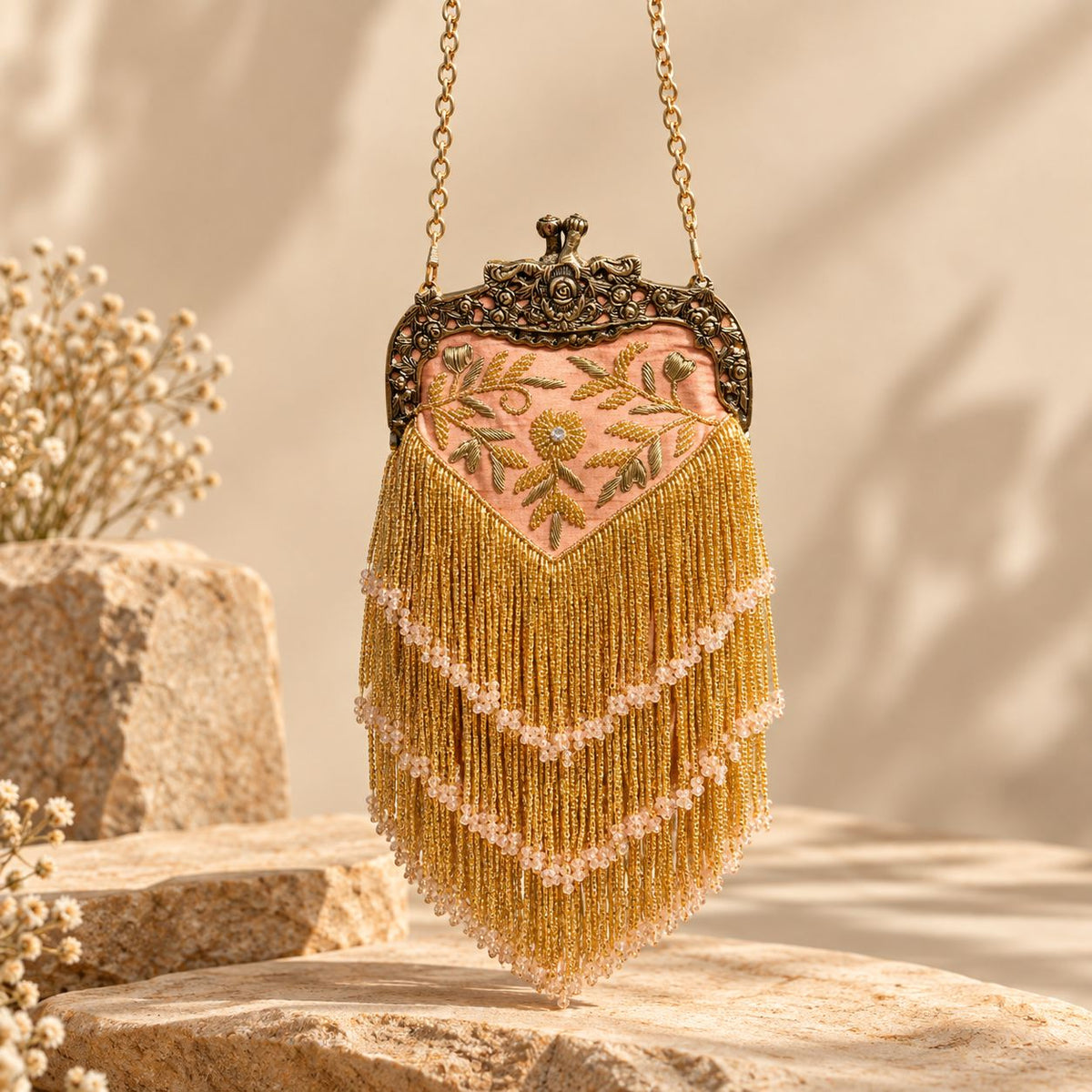 Blush Pink & Gold Zardozi Embroidered Fringe Clutch