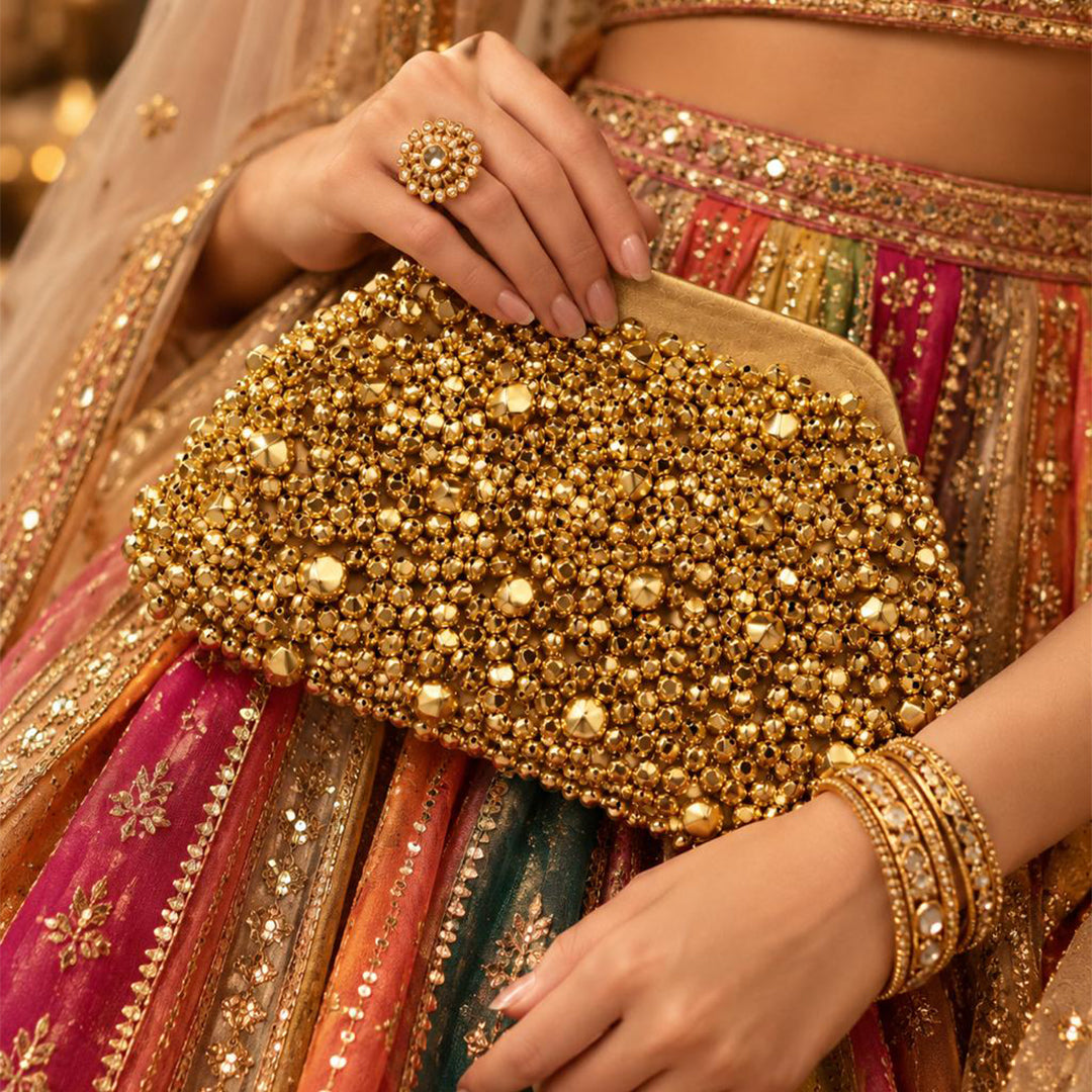 Golden Velvet Bridal Clutch with Ghungroo Embellishments