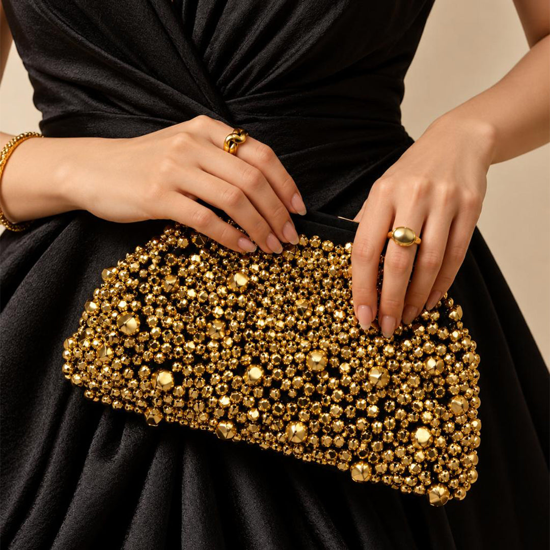 Golden Velvet Bridal Clutch with Ghungroo Embellishments