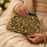 Golden Velvet Bridal Clutch with Ghungroo Embellishments